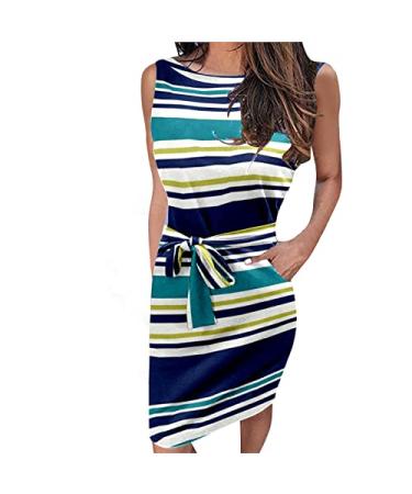 Summer Dresses for Women 2022 Striped Short Sleeve T Shirt Dress Casual Mini Dress Tie Waist Sundresses with Pockets Stripe Summer dresses for Women 2022-a03-green Small