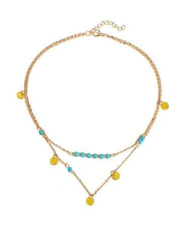 OCCASIONALLY Boho Style Turquoise Necklace Gold Handmade Double Pendant Necklace Sequins and Suitable for Girls and Ladies (style 1)