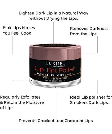 LUXURI Lip Tint Polish - Dark Lip Lightener & Scrub for Dry Chapped Lips with Beetroot & Rose Petals | Lip Care for Men & Women | 25 gm - Buy Online on GoSupps.com