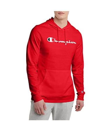 Champion Men's Hooded Long-Sleeve Tee Shirt for Men, Cotton Men's T-Shirt Hoodie, Script Logo Large Scarlet Script