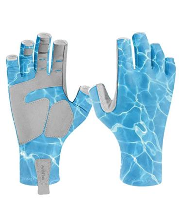 Aventik UPF 50+ Fishing Gloves- Fingerless Sun Protection Fishing Gloves- Fishing Sun Gloves for Women Men Outdoor Activities. Blue WaterRipple Large