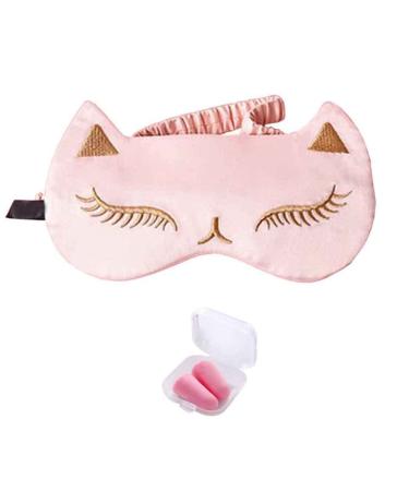 Cat Embroidered Soft Blindfold Eye Cover Eyeshade with Earplugs Plane Travel Nap Night Sleeping Eye Mask Silk Sleep Eye Mask Sleep Mask for Kids Men Women Pink