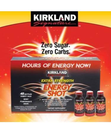 Kirkland Signature Extra Strength Energy Shot Dietary Supplement: 48 Bottles Variety Pack of 2 Fl Oz