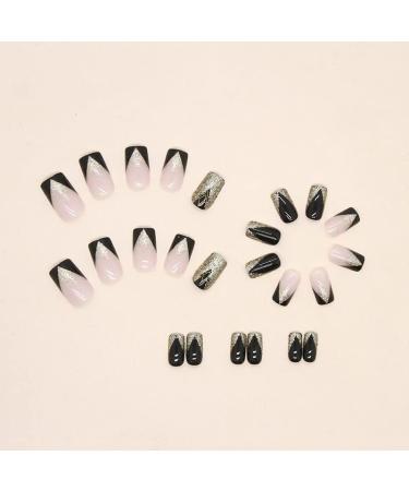 Mouyouglow Press on Nails - Kurz Square Nude Black French Gold Glitter Bling | Glossy Fake Nail Art with Glue - F54 - Buy Online on GoSupps.com