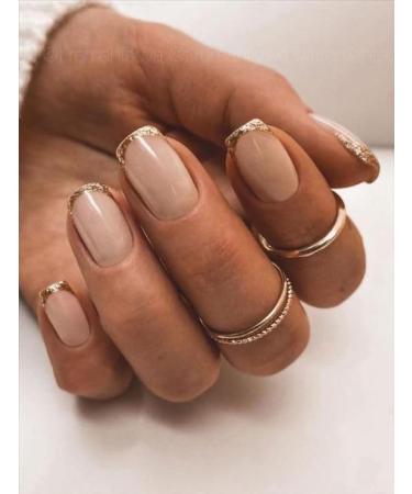 Mouyouglow press on nails short square nude pink silver glitter French tip fake nails artificial nails with nail glue of course pink artificial fingernails f56