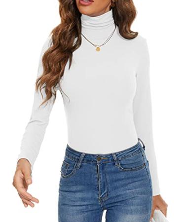 LaikaKud Women Mock Turtleneck Long Sleeve Shirt Pullover High Neck Undershirt Ribbed Thermal Shirts White Medium