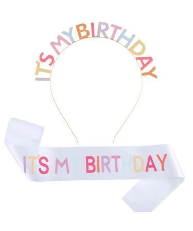 JIAHANG Letters Birthday Tiara Headband&Sash for Girls Women  It's my Birthday Crown Headband and Sash Set  Birthday Girl Headband Gifts  Sweet Happy Birthday Accessories (new colorful+white)