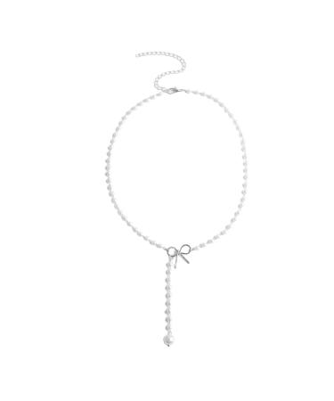 OralGos Elegant Bow Tassel Pendant Necklace Cute Pearl Necklace Choker Simple Clavicle Chain Fashion Jewelry Silver