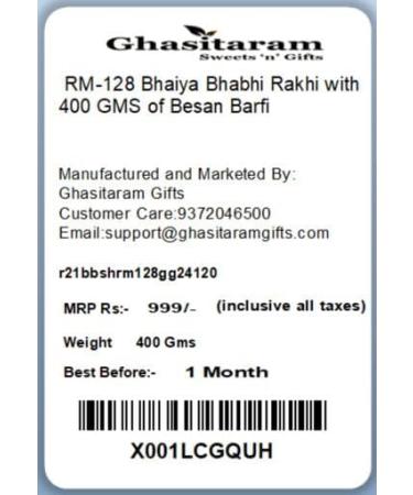 Ghasitaram Gifts Rakhis Online - Rakhi for Brother- RM-128 Bhaiya Bhabhi Rakhi with 400 GMS of Besan Barfi Rakhi Set with 400 gms of Besan Barfi - Buy Online on GoSupps.com
