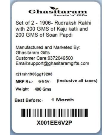 Ghasitaram Gifts Rakhi for Brother Rakhis Online - Set of 2-1906- Rudraksh Rakhi with 200 GMS of Kaju katli and 200 GMS of Soan Papdi - Buy Online on GoSupps.com