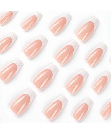 Foccna Nude Long French Coffin Fake Nails - 24 Glossy Press-on False Tips for Women and Girls - Buy Online on GoSupps.com