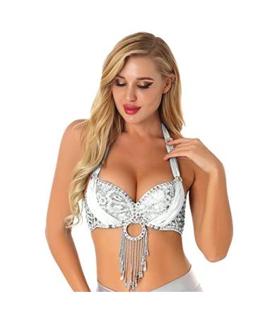 ACSUSS Women Belly Dance Costume Bra Top Halter Sparkle Rhinestone Tassel Sequins Bralette Dancewear White One Size