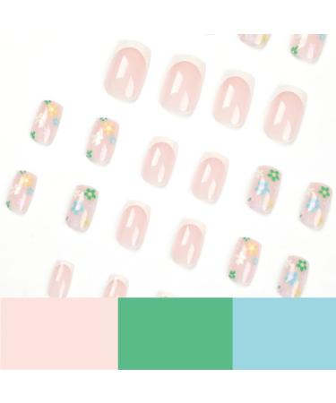 Diduikalor 24PCS Nude Short Press On Nails Square Glue On Nails | Colorful Flowers False Nails Full Cover Fake Nails | French Tip Stick On Nails For Women - Buy Online on GoSupps.com