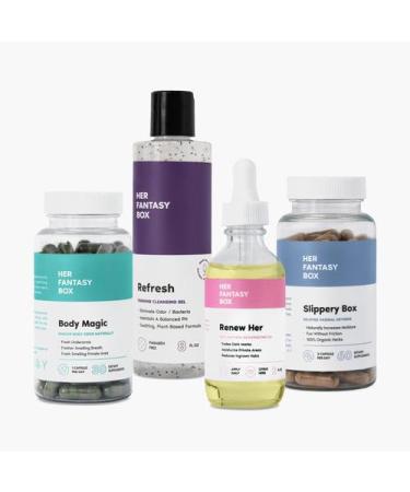 Her Fantasy Box | Starter Kit | Chlorophyll Capsules pH Balancing Shower Gel Rejuvenating Yoni Oil & Slippery Elm Capsules Complete Feminine Wellness Bundle for Freshness Balance & Nourished Skin