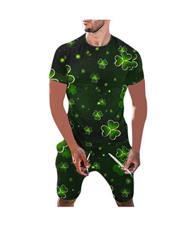 Mens St. Patrick Day Sport Set Summer Outfit 2 Piece Set Short Sleeve T Shirts and Shorts Stylish Casual Tracksuits Army Green 3X-Large