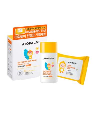 ATOPALM Outdoor Sun Milk with Pure Cleansing Pads Set  Waterproof Baby Kids Sunscreen  SPF50+ PA+++