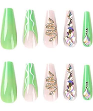 Justotry 3D Snake False Nails - Pale Green French Press On Nails for Women | 24 Pcs Ballerina Stick On Nails with Diamond Patterns | Acrylic Coffin Fake Nails Medium with Glue for Nail Art - Buy Online on GoSupps.com