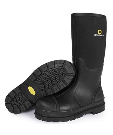 DRYCODE Rubber Work Boots for Men with Steel Shank, Waterproof Rubber Rain Boots, Durable Anti Slip Mud Boots for Gardening, Size 5-14 8 Women/7 Men Black