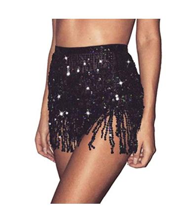 Victray Belly Dance Hip Skirt Tassel Scarf Sequin Wrap Rave Costume for Women Black