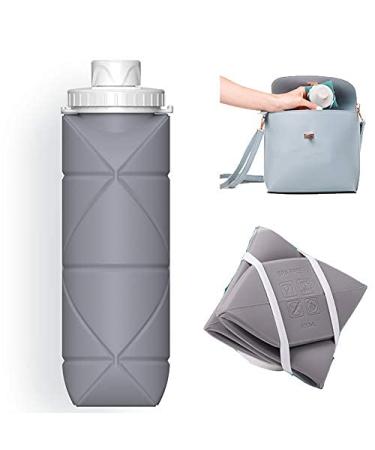 SPECIAL MADE Collapsible Water Bottles Leakproof Valve Reusable BPA Free Silicone Foldable Water Bottle for Sport Gym Camping Hiking Travel Sports Lightweight Durable 20oz 600ml Grey