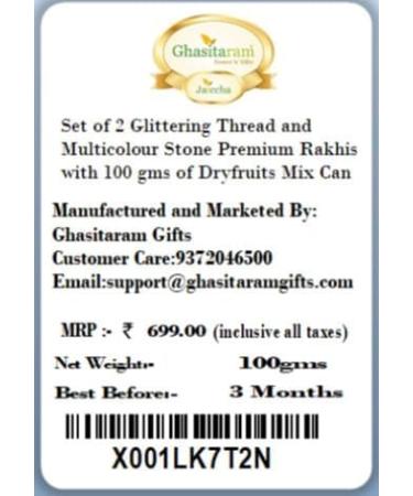 Ghasitaram Gifts Rakhi for Brother Rakhis Online - Set of 2 Glittering Thread and Multicolour Stone Premium Rakhis with 100 GMS of Dryfruits Mix Can - Buy Online on GoSupps.com