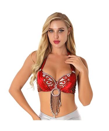 Loloda Women's Belly Dance Sequin Beaded Bra Top Belly Samba Tassels Bra Dance Wear Costume Red One Size