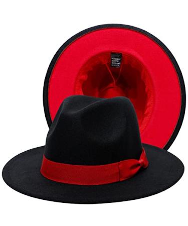 Kalerona Fedora Hats for Men Wide Brim Hat with Unisex Fedora Two Tone Hats D-black+red Medium-Large