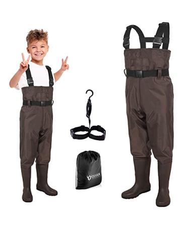 OXYVAN Chest Waders for Kids, Nylon/PVC Waterproof Youth Fishing Waders with Boots Hanger for Fishing 8/9 Years Old Kids Brown