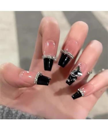 Black French Long False Nails Rhinestone Chain Nail Art Glitter Press on Full Cover 24Pcs Acrylic Art Nial Tips for Women and Girls