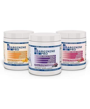 L-ARGININE PRO 3-Pack Grape Raspberry & Orange Jars | Blood Flow | Pre-Workout Drink | Vitamins C B6 B12 K & More
