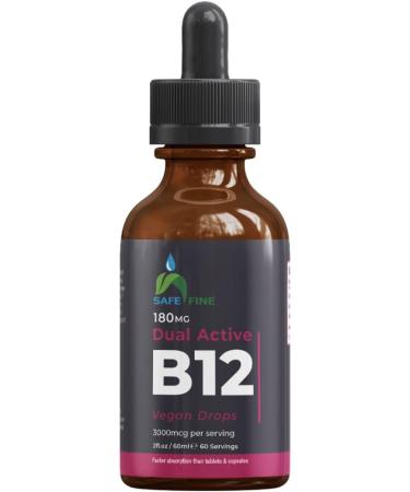 SafeFine Vitamin B12 Liquid Drops 3000mcg - 60ml - Vegan-Friendly Supplement for Energy, Mood & Nerve Function - Fast Absorption - Gluten-Free - Buy Online on GoSupps.com