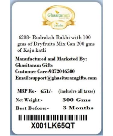 Ghasitaram Gifts Rakhi for Brother Rakhis Online 6208- Rudraksh Rakhi with 100 GMS of Dryfruits Mix Can 200 GMS of Kaju katli Rakhi & 100g Dryfruits Mix Can 200g Kaju katli - Buy Online on GoSupps.com