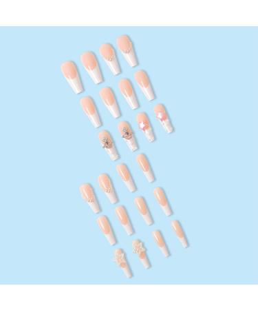 French Tip Press on Nails - Long T Press On Nails with Nail Tips White Planet Design White Pearl Star press on nails Acrylic False Nails Cute Artificial Nails - Buy Online on GoSupps.com