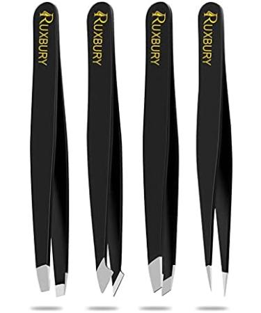 Ruxbury 4pcs Professional Stainless Steel Tweezers Set for Women & Men - Slanted & Pointed Tip, Black Coated Precision Tweezers for Facial Hair, Ingrown Hair - Includes Leather Pouch - Buy Online on GoSupps.com