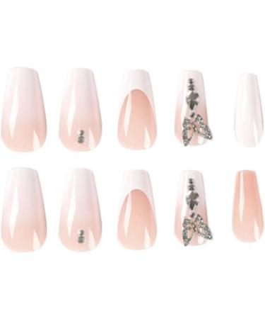 Justotry 24 Pcs 3D Butterfly Press on Nails | Long White French Fake Nails | Pretty Medium Ballerina Stick on Nails for Women | Acrylic Coffin False Nails with Glue - Nail Art - Buy Online on GoSupps.com