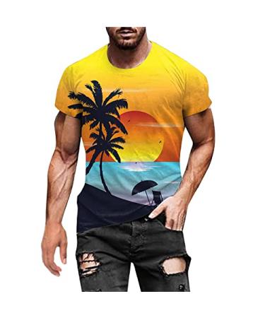 Mens Athletic Shirts,Men's Casual Fashion Printing Graphic Print Short Sleeve Crewneck T Shirt Beach Tops Tees Y-c-yellow Small