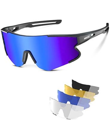 HAAYOT Polarized Cycling Glasses,Baseball Sunglasses for Men Women,Sports Running Biking MTB Fishing Sunglasses 5 Lenses Black Frame & Blue Lens