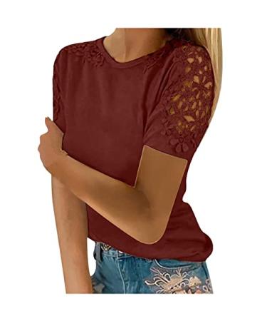 Womens Summer Casual Cold Shoulder T Shirts Elegant Lace Crochet Hollow Out Short Sleeve Tops Solid/Colorblock Loose Blouse J Medium
