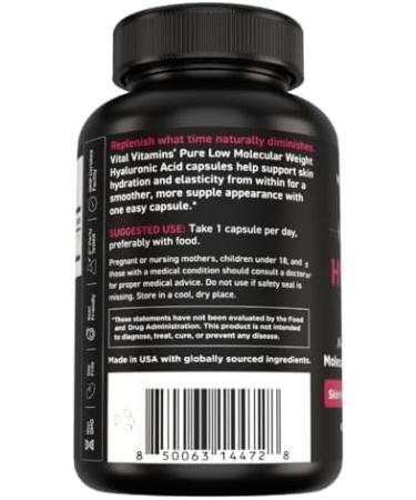 Vital Vitamins Hyaluronic Acid Supplements - Made with 200mg of Low Molecular Weight Hyaluronic Acid - Supports Skin Hydration & Elasticity from Within - 60 Capsules 60 Servings 60 Count (Pack of 1) - Buy Online on GoSupps.com