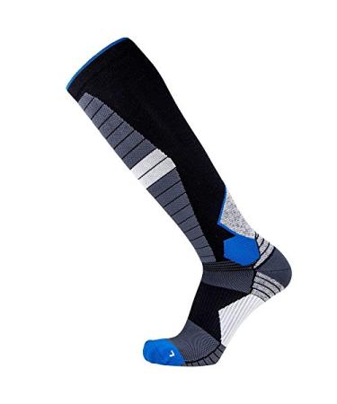 Compression Ski Socks Merino Wool  Thermal Warm Socks for Skiing, Snowboarding, OTC 1 Pair - Black/Blue Medium