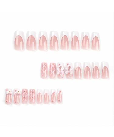 Foccna Medium Long Rhinestone Pink Press on Nails - 24pcs Glossy Bling Square Fake Nails with 3D Flower Design for Women & Girls - Buy Online on GoSupps.com