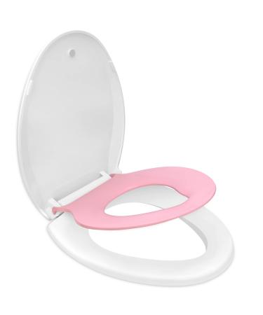 Elongated Toilet Seat with Built in Child Seat, Slow Close and Easy to Install with American Standard Hinges, Quick Release and Easy Clean, Magnetic Kids Seat Suitable for Adults and Children - Pink Pink Elongated