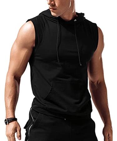 Amussiar Men's Workout Hooded Tank Tops Sleeveless Gym Training Hoodies Bodybuilding Muscle Cut Off T Shirt Large Black