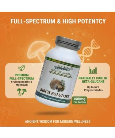 MN Mother Nature Birch Polypore Mushroom Supplement 1000mg - 120 Vegan Capsules - Rich in Beta Glucans & Triterpenes - Made in USA - 60 Day Supply - Buy Online on GoSupps.com
