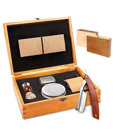 Naked Armor Straight Razor Kit - Shave-Ready Japanese Stainless Steel Blade Complete Mens Shaving Kit Straight Razor Shaving Kit for Beginners with Shaving Soap Brush Strop Gift Box (Mahogany)
