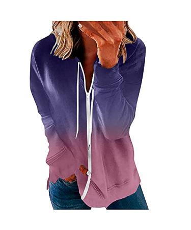 Women Zip Up Hoodie Sweatshirt, Casual Long Sleeve Fashion Ombre Baggy Comfy Pocket Drawstring Hooded Pullover Tops X-Large A01#purple