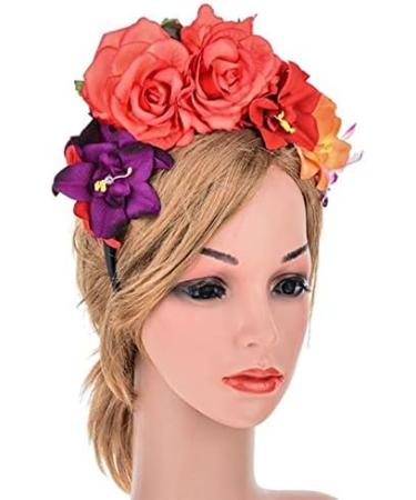 Women Day of The Dead Headband Artificial Rose Flower Crown Mexican Halloween Festival Headpiece Colorful Fake Stamen Party Hair Hoop - Buy Online on GoSupps.com
