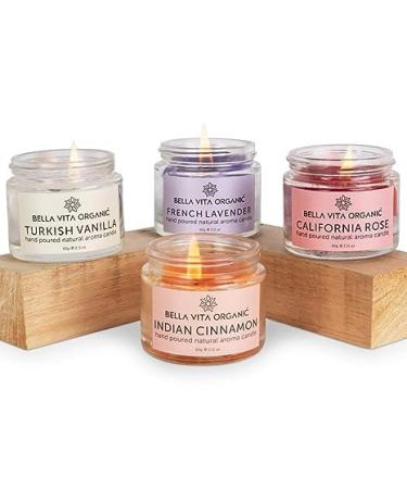 C7020 Organic Aroma Candles Set of 4 Scented Aromatic Fragrance of Vanilla Cinnamon Lavender & Rose for Gifting & Home 60 Gms Each Up to 15 Hours Burn Time White