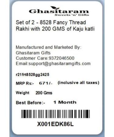 Ghasitaram Gifts Rakhi for Brother Rakhis Online - Set of 2-8528 Fancy Thread Rakhi with 200 GMS of Kaju katli - Buy Online on GoSupps.com