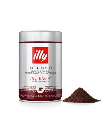 illy Intenso Ground Espresso Coffee Dark Roast Intense Robust and Full Flavored With Notes of Deep Cocoa 100% Arabica Coffee No Preservatives Ground for Espresso Machines 250g (Pack of 2) Intenso Bold Roast 250 g (Pack of 2)
